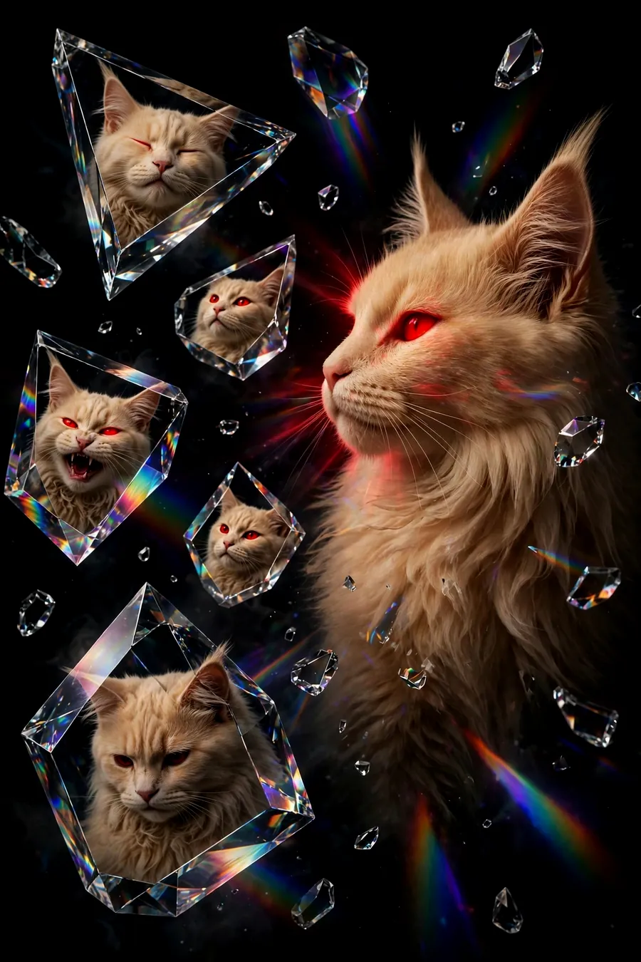 A Maine Coon with red eyes beside floating crystal shards, each reflecting a cat