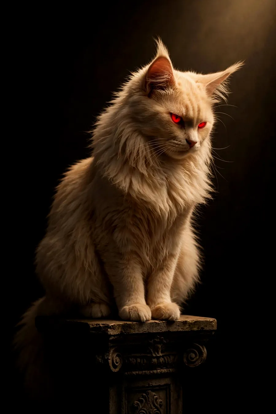 A pale Maine Coon with glowing red eyes, keeping watch from a stone pedestal