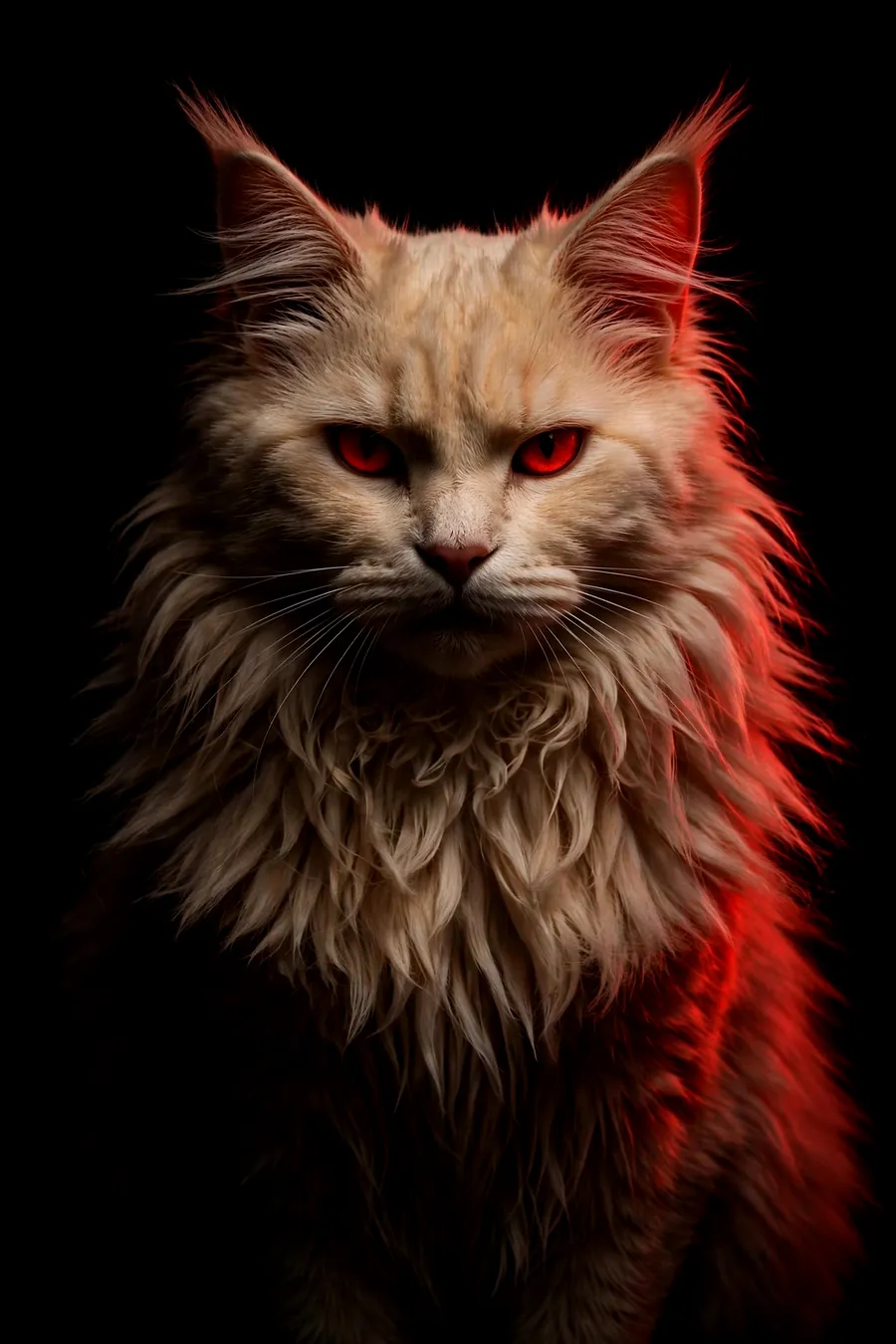 A long-haired Maine Coon lit in red, its red eyes watching