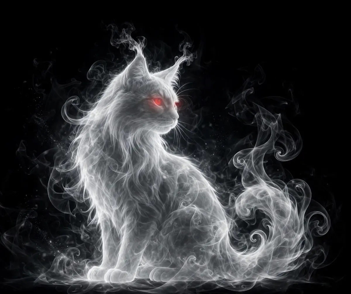A pale, smoke-wreathed Maine Coon with glowing red eyes, sitting watch